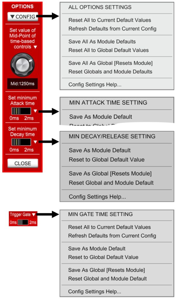 Annotated image and description of Config Settings panel and Menus used across many Andrew Macaulay Modules