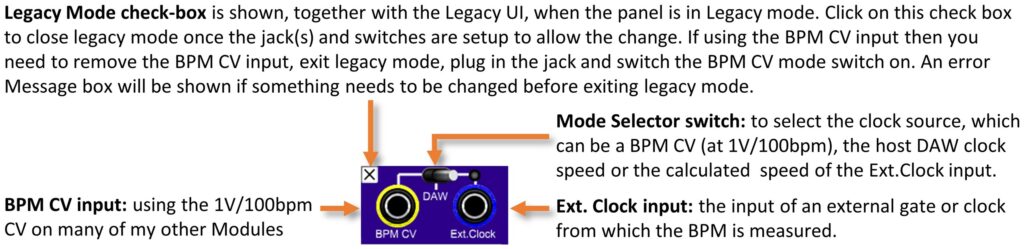 Illustration of legacy mode for BPM input jack and switches